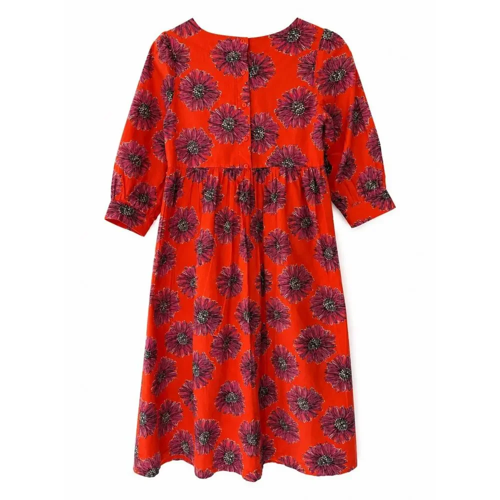 Orange Floral Midi Dress Cottagecore Prairie Empire Waist 3/4 Sleeve Boho S